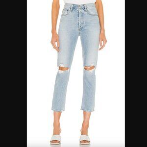 Agolde Riley High Rise Straight Crop Rip Knee Distressed Jeans Clear Skies 28"